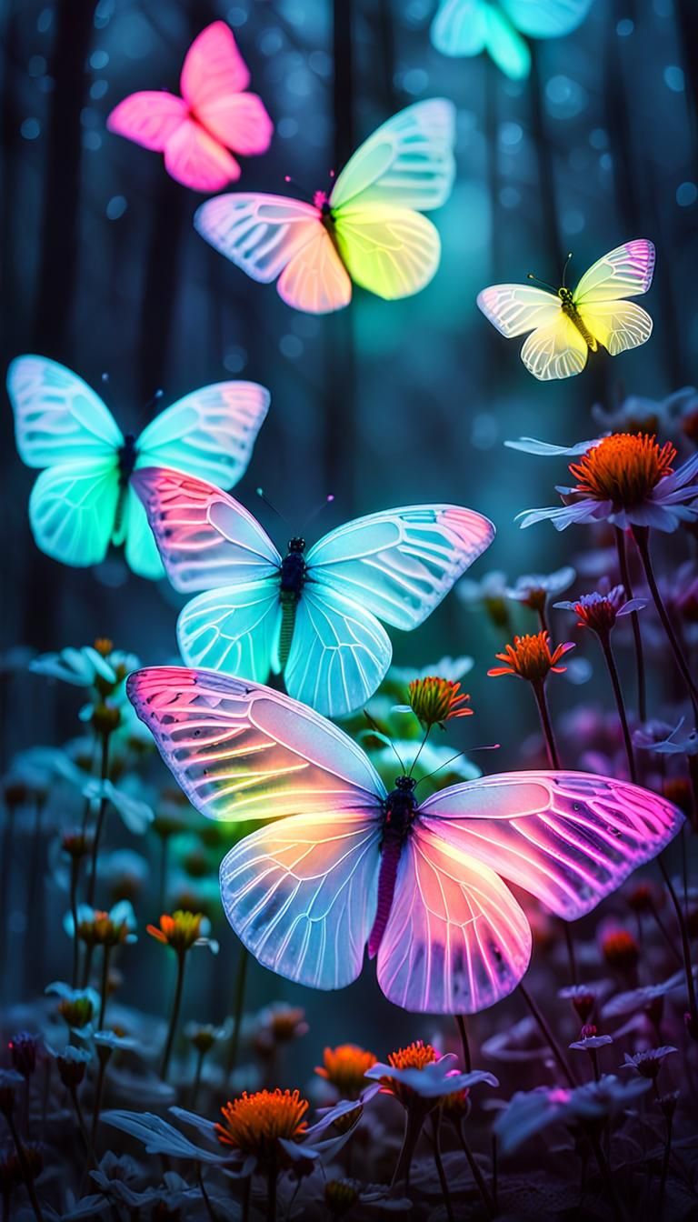 Neon Butterflies in Misty Forest: Macro Photography