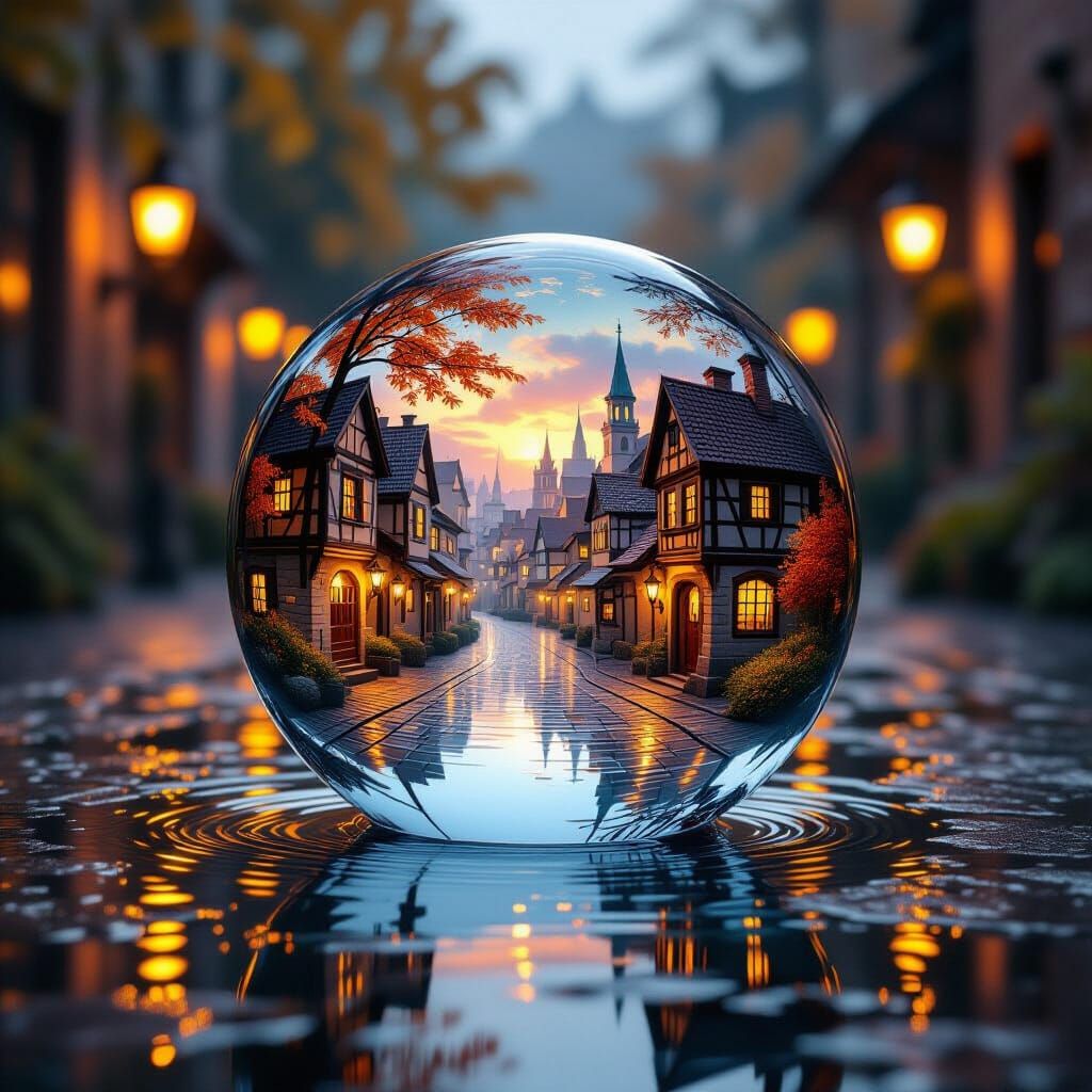 Glass Sphere Reflecting Autumn Town in Photorealistic Style