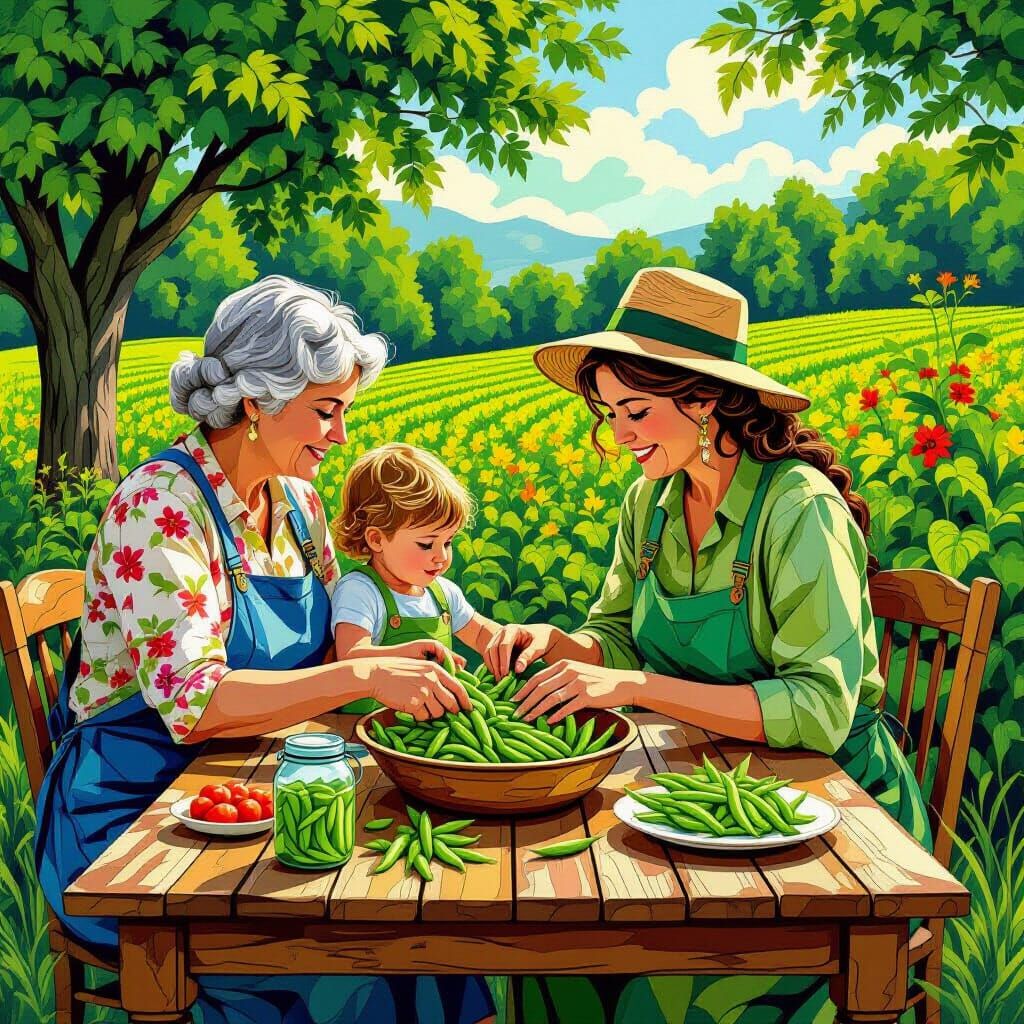 Family Canning Green Beans At Farm Table In Zentangle Style