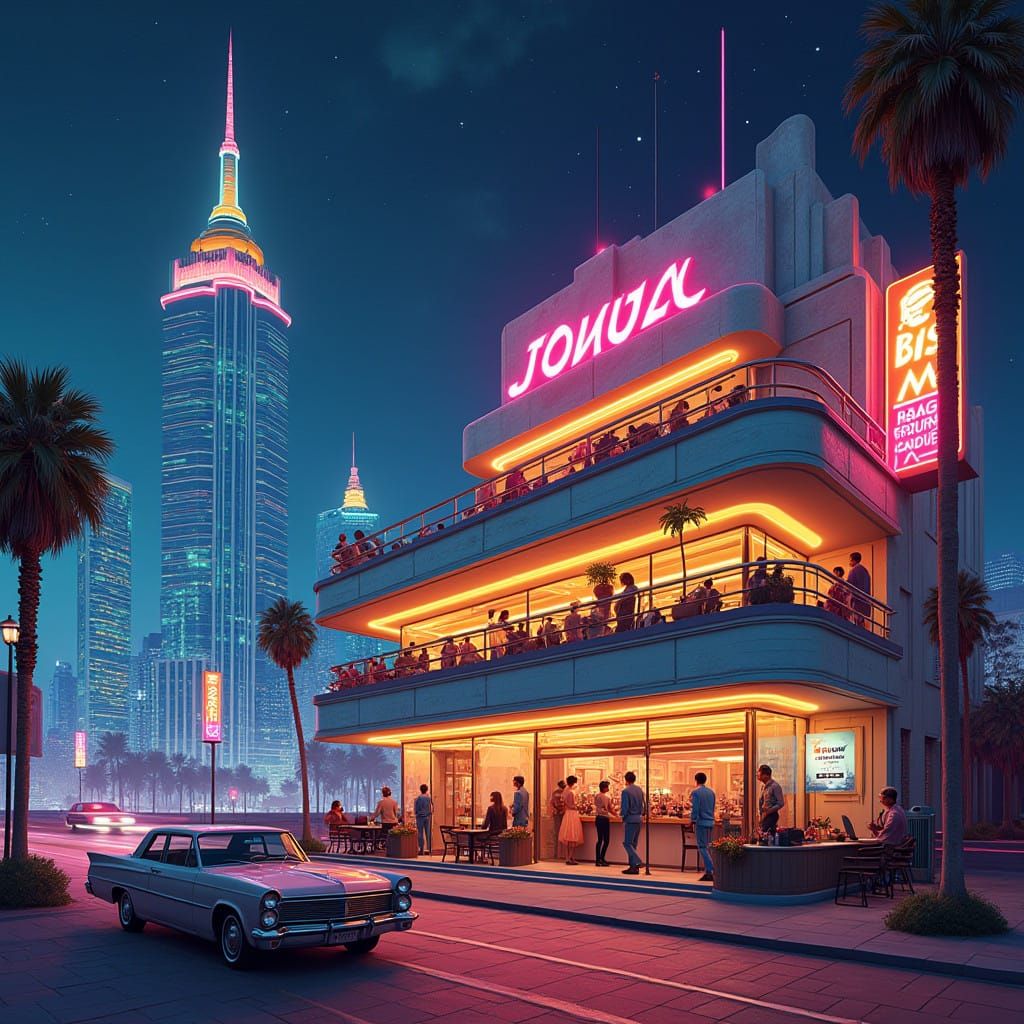 Retro-Futuristic Cityscape in Vibrant Neon Lights