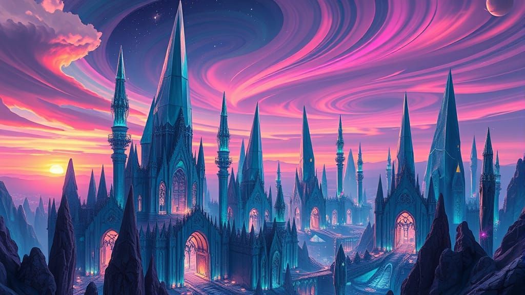 Iridescent Crystalline Cityscape at Sunset