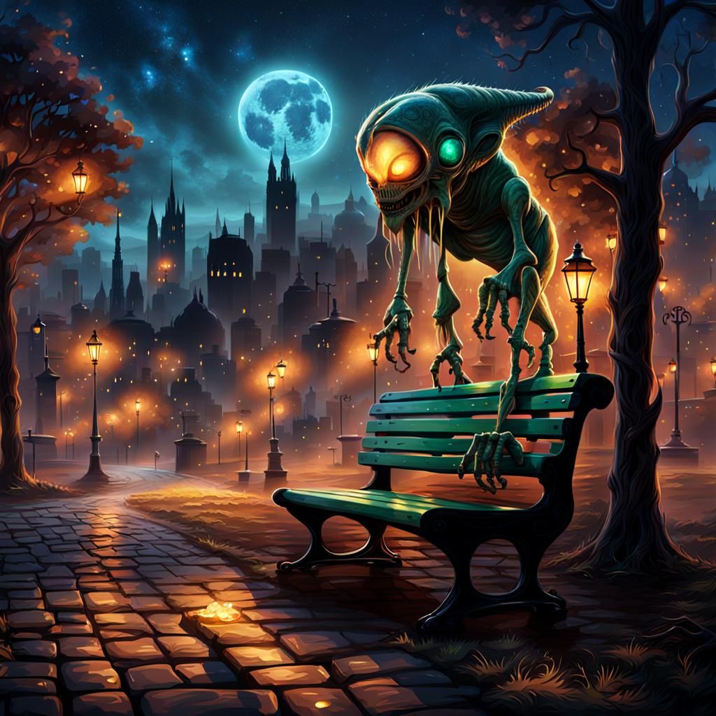 Alien Creature Relaxing on Park Bench