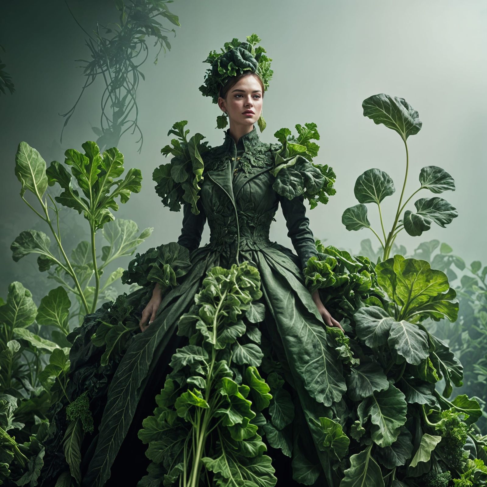 a surreal fashion scene featuring intricate dress made entir...