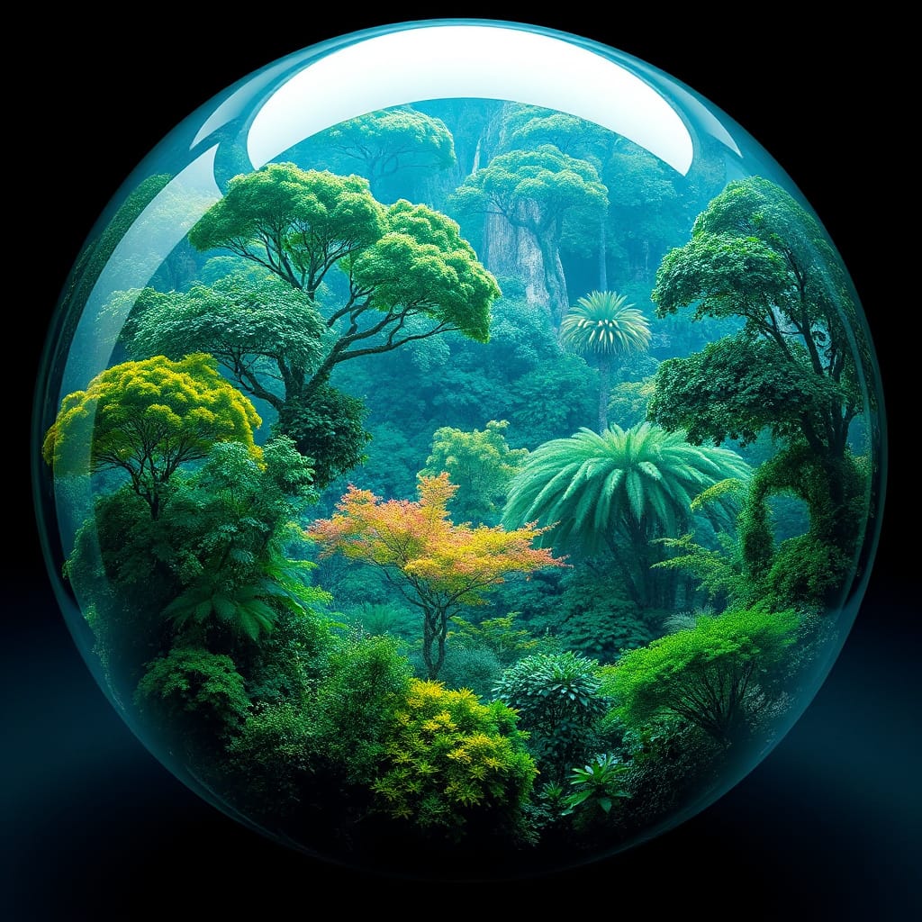 Vibrant Jungle Scene Through Crystal Clear Glass Sphere