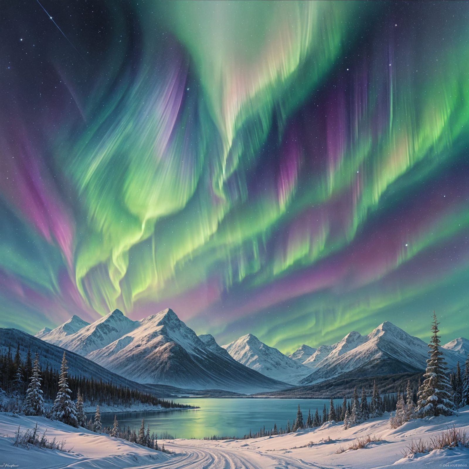 Aurora Borealis Painting Over Snowy Mountains