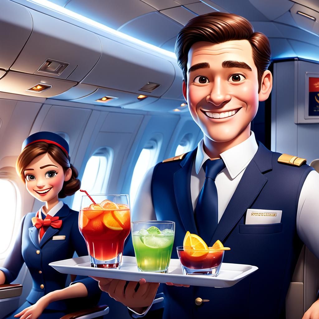 Friendly Steward Offers Drinks in Luxurious Cabin