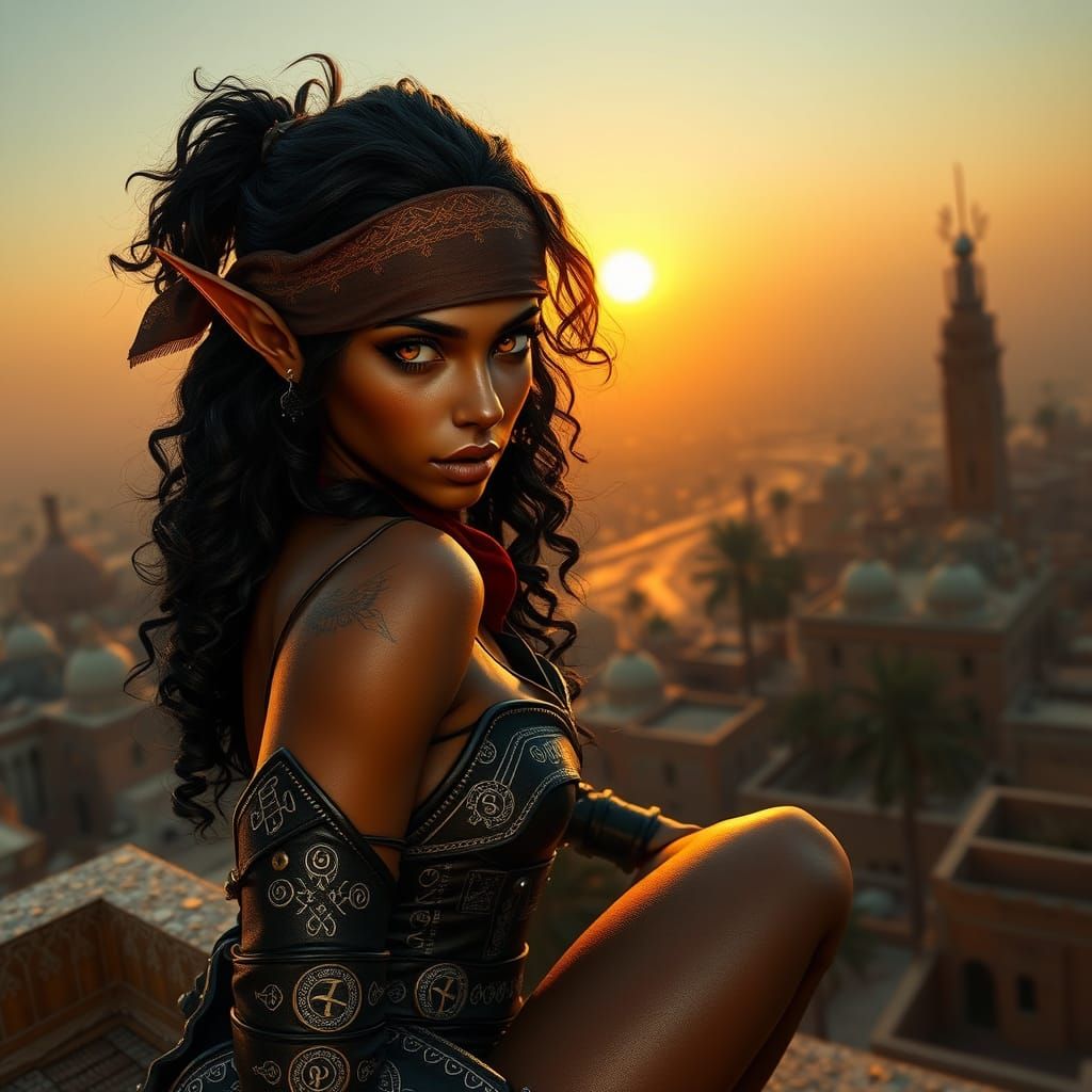 Elven Thief Basks in Moroccan Desert Sunset
