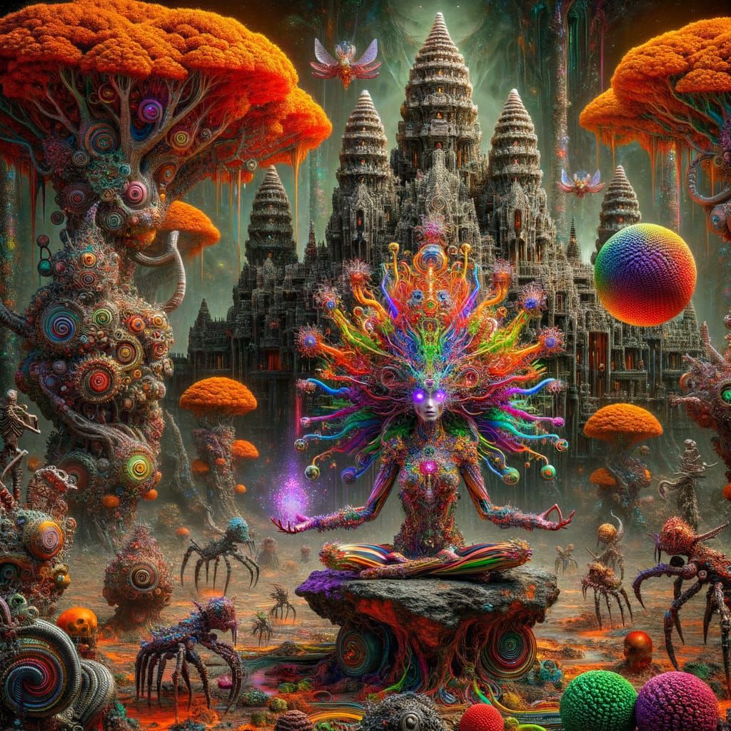 Psychedelic Alien Fairy Witch Meditating with Molten Orb