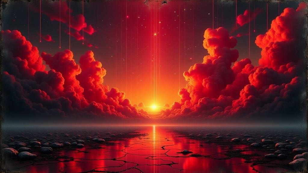 Apocalyptic Sky Ripping Open in Dystopian Oil Painting