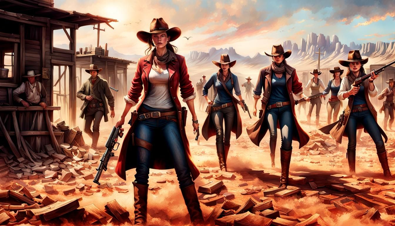 Cowgirls in the middle of a shoot out against the bad guys.