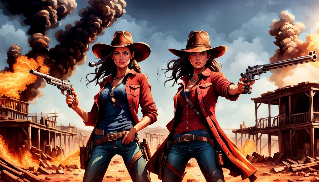 Cowgirls in the middle of a shoot out against the bad guys.