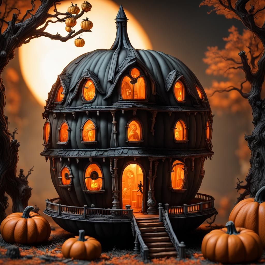 Gothic ghost house carved  pumpkin