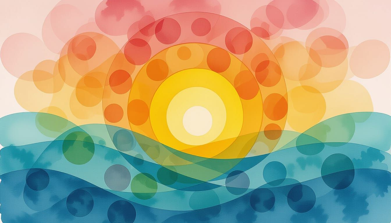Abstract Watercolor Sunrise with Colorful Circles
