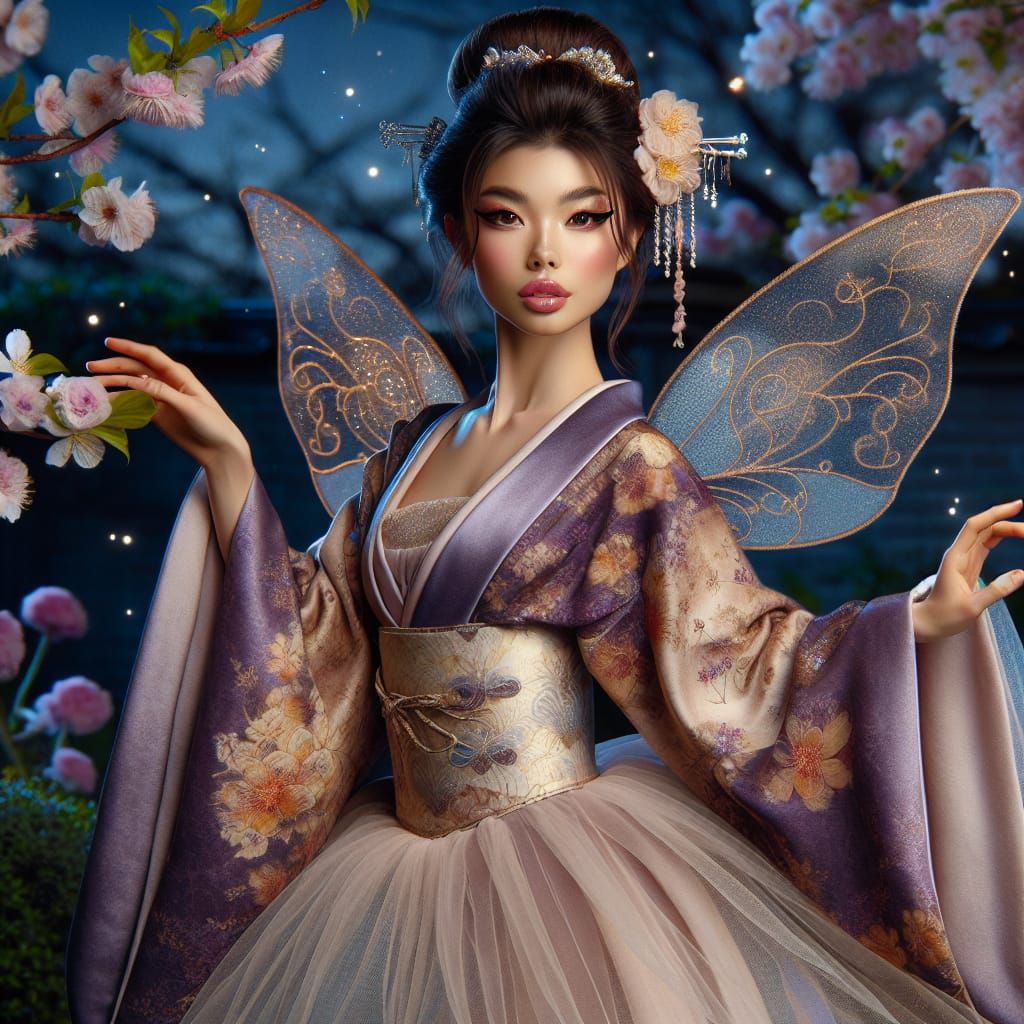 Japanese Geisha Goddess in Violet and Gold Kimono with Fairy...