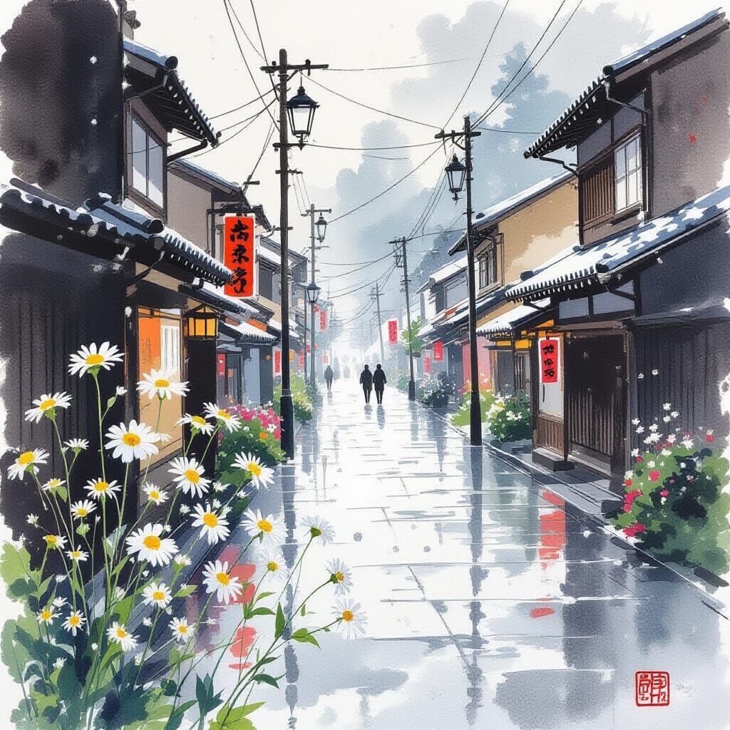 Queen Ann's Lace Blooms After Snowfall: Sumi-e Art