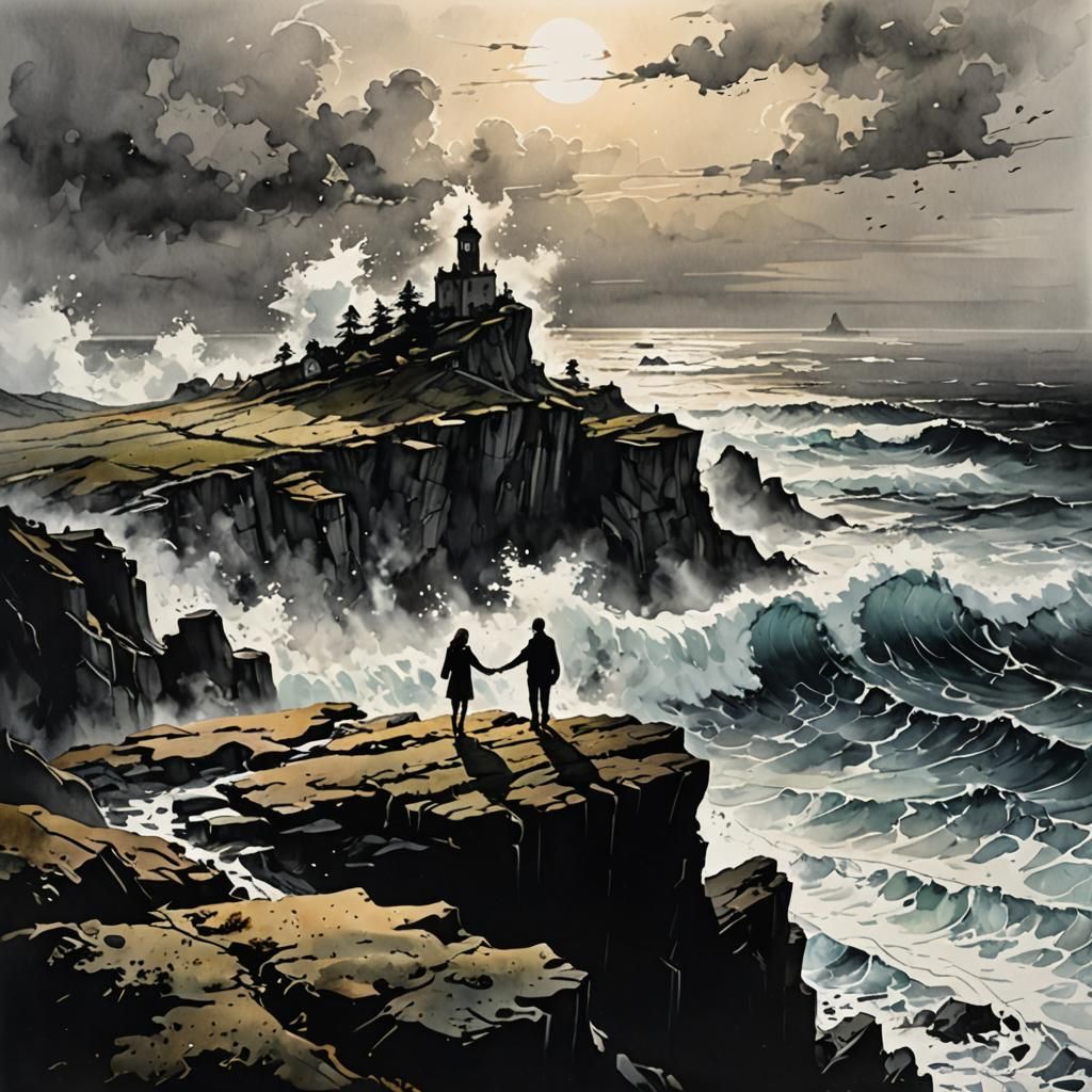 Couple on Cliff Under Moon: Ink Art