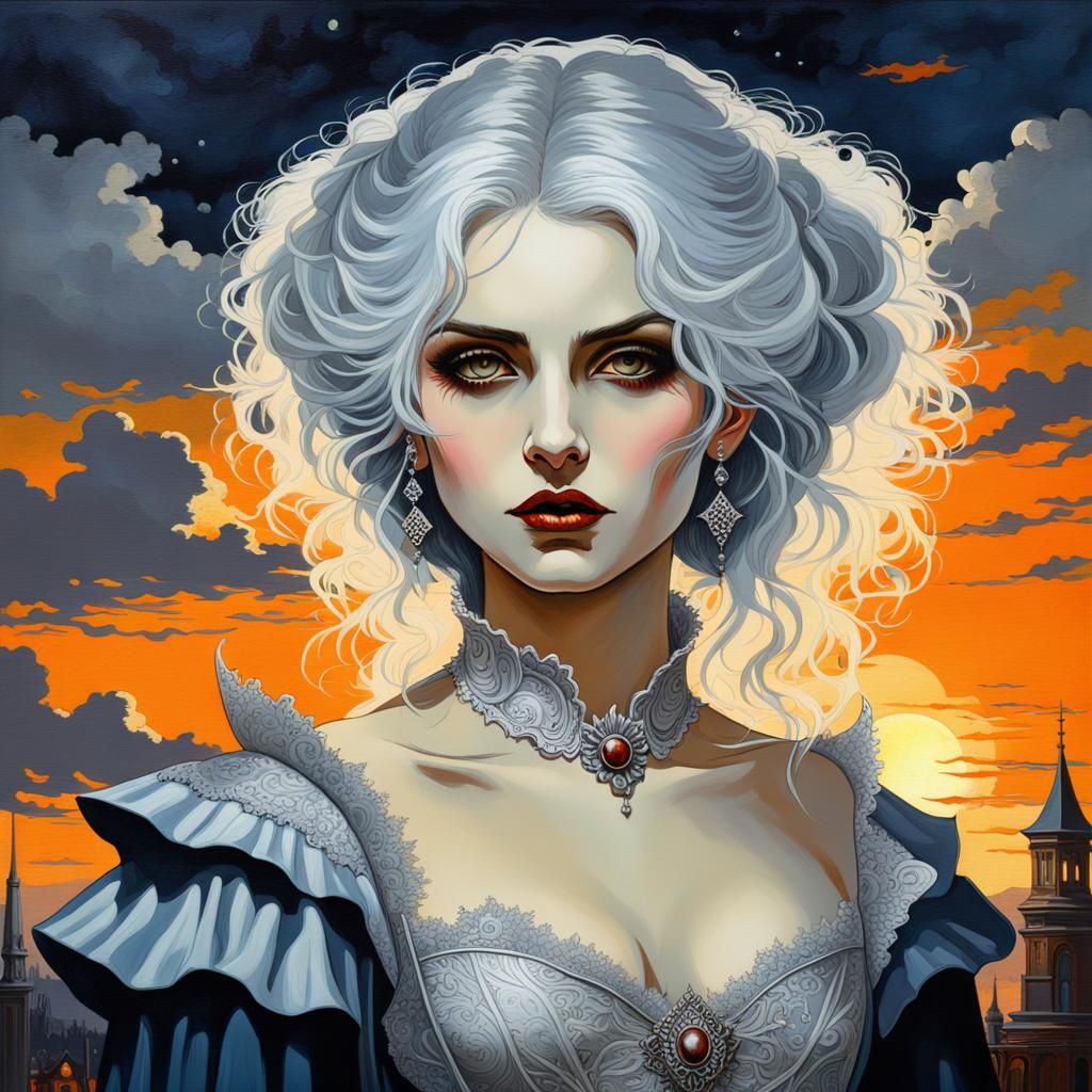 Silver Haired Vampire in Gothic Oil Painting
