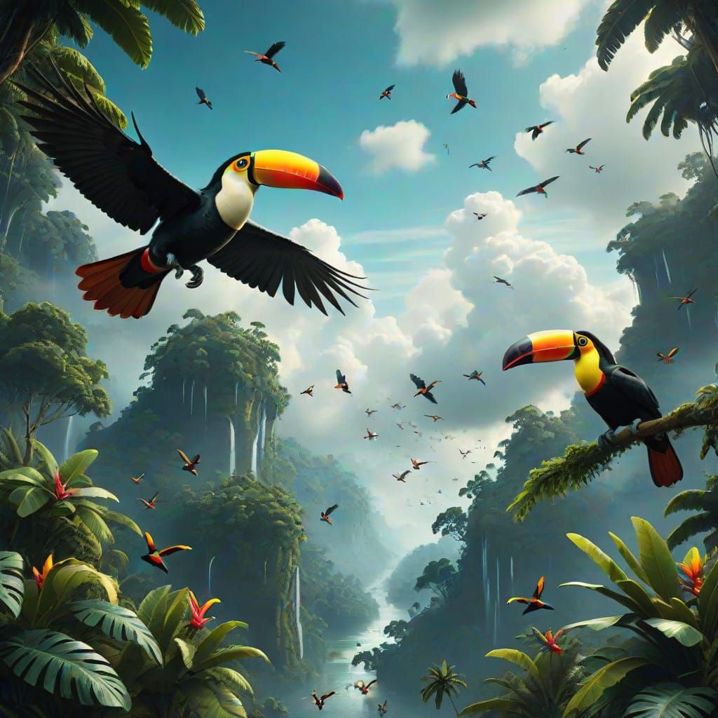 Epic Amazon Digital Painting of Toucans in Flight