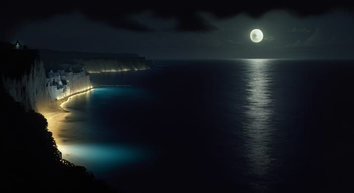 Moonlit Ocean Cliffside Sailboat in Impressionist Style