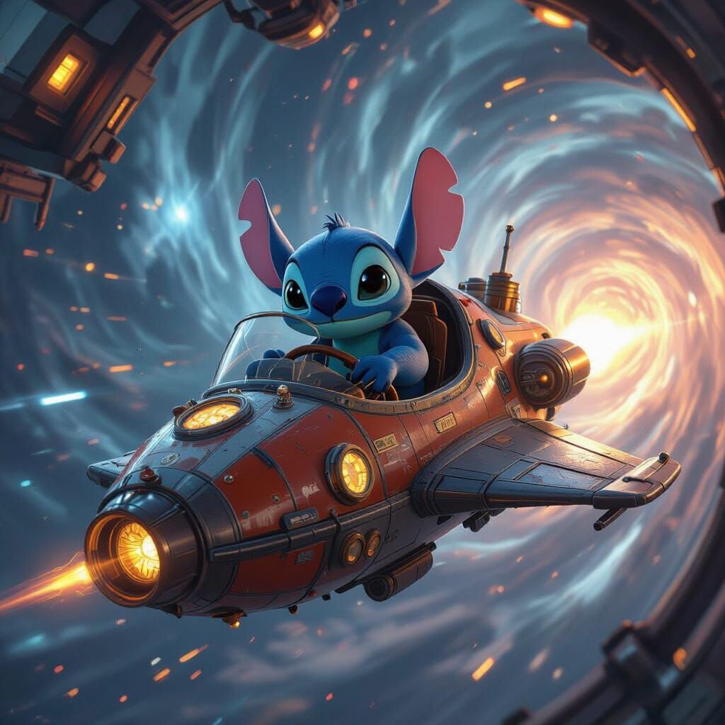 Stitch, rendered in a detailed 3D game cinematic style, pilo...