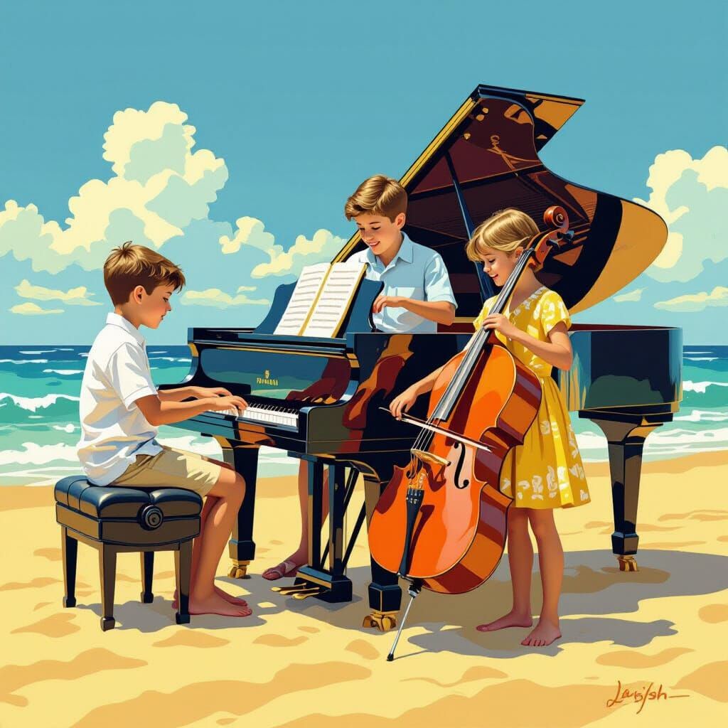 Beachside Harmony: Boys Playing Music in Vibrant Style