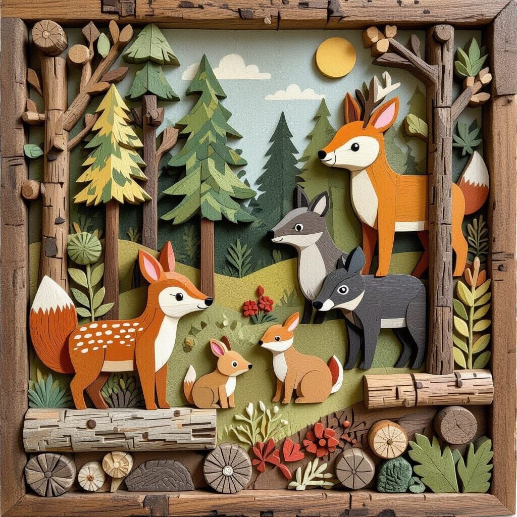 Folk Art Forest Landscape with Wooden Animals