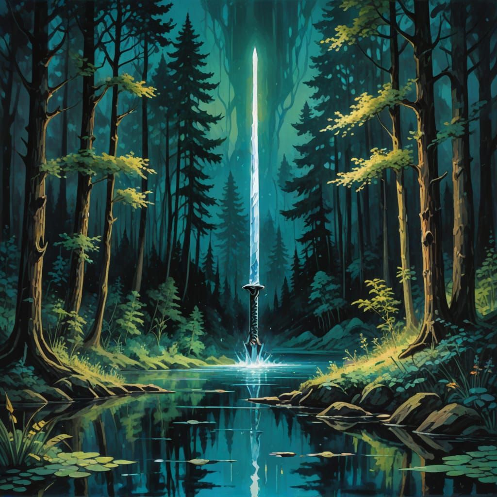 Epic Gouache Masterpiece: Glowing Sword Rises from Medieval ...