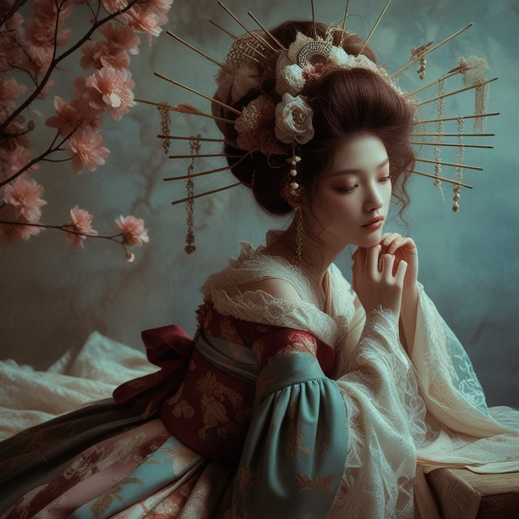 Ethereal Geisha in Dreamlike Rococo Attire