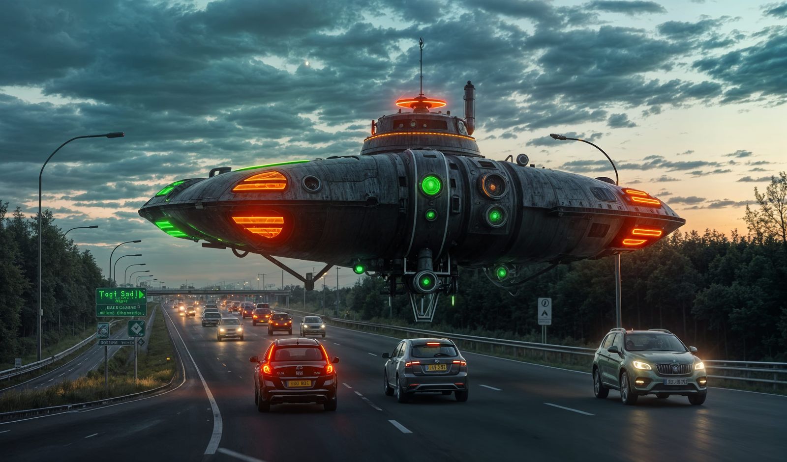 Steampunk Alien Spaceship Landing on Autobahn