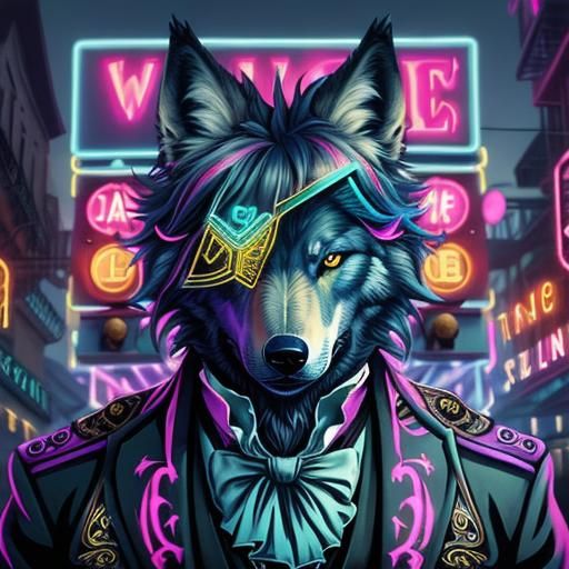 Victorian Wolf Gentleman in Magical Neon City