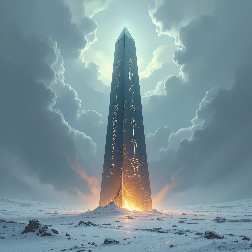 Glass Obelisk Pierces Stormy Sky, Digital Art
