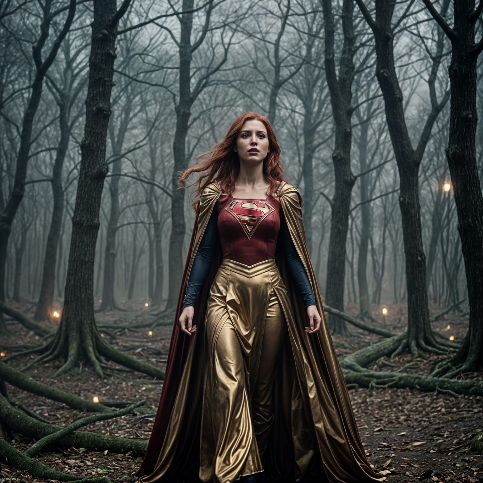 Vampire Supergirl in Dark Halloween Woods