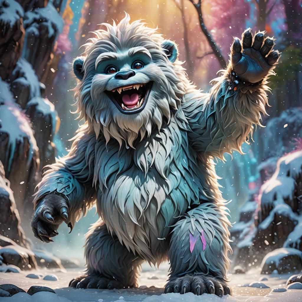 Hyperrealistic Fluffy Yeti with Dewy Eyes