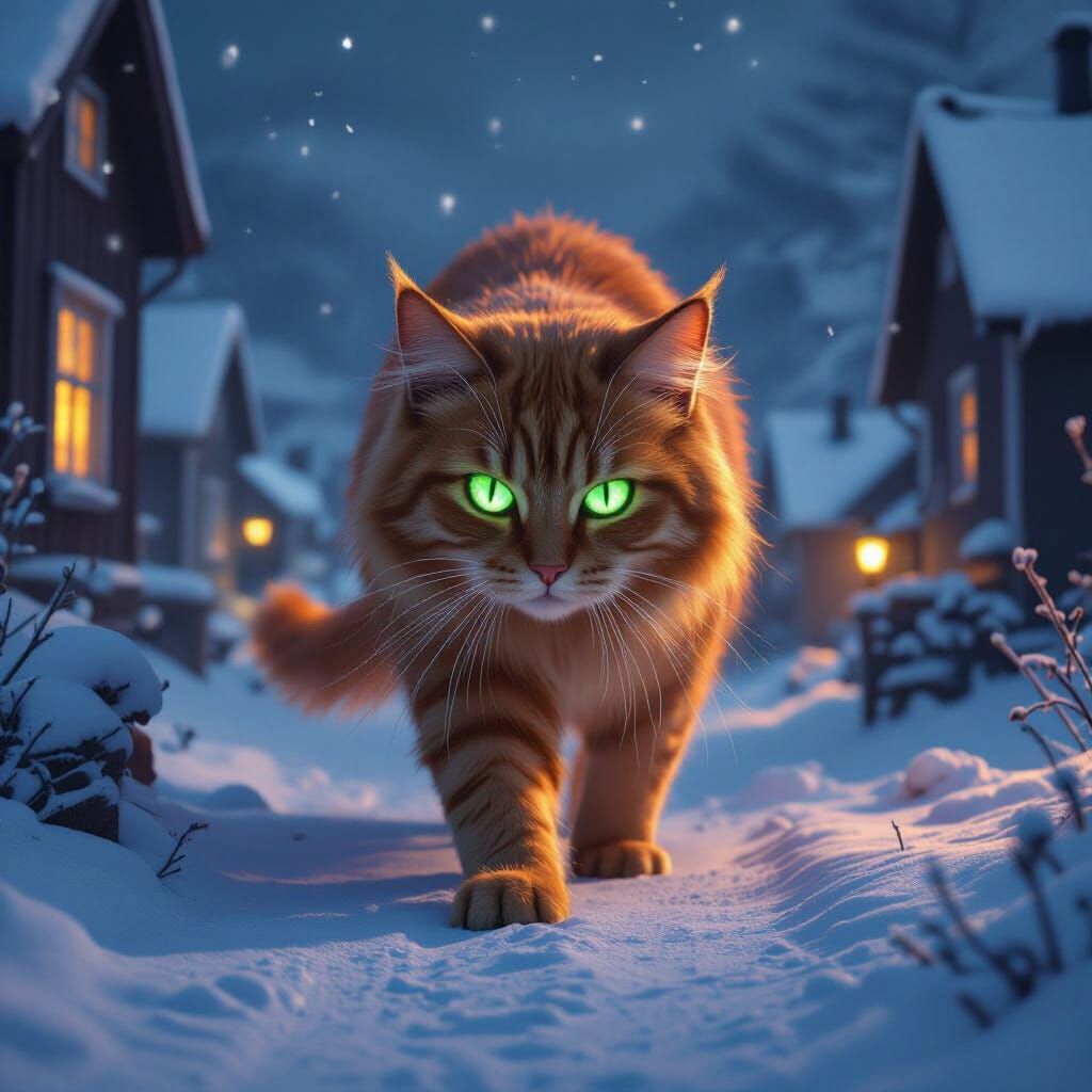 Orange Cat With Glowing Eyes in Snowy Icelandic Village