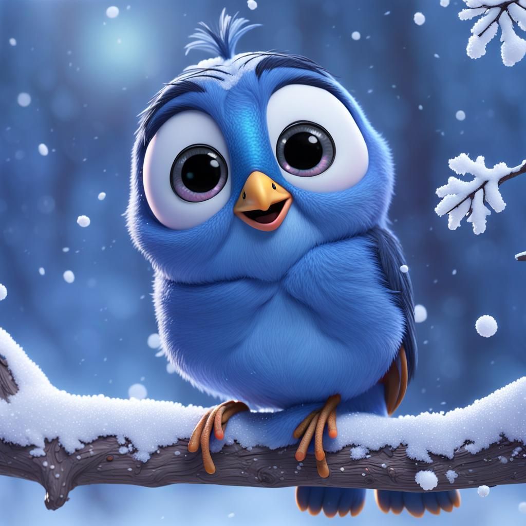 Cute Smiling Bird in Falling Snow, 3D Digital Art