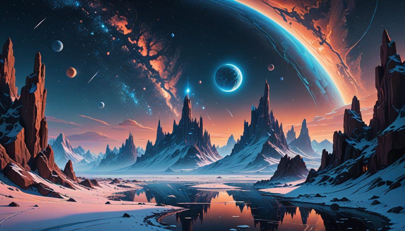 Ethereal Iced Planet Under Vibrant Milky Way