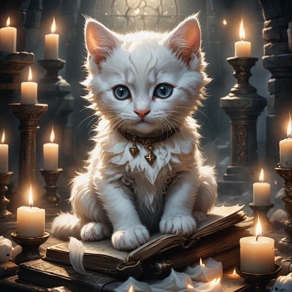 Kitten on Mystical Tome in Dark Fantasy Art