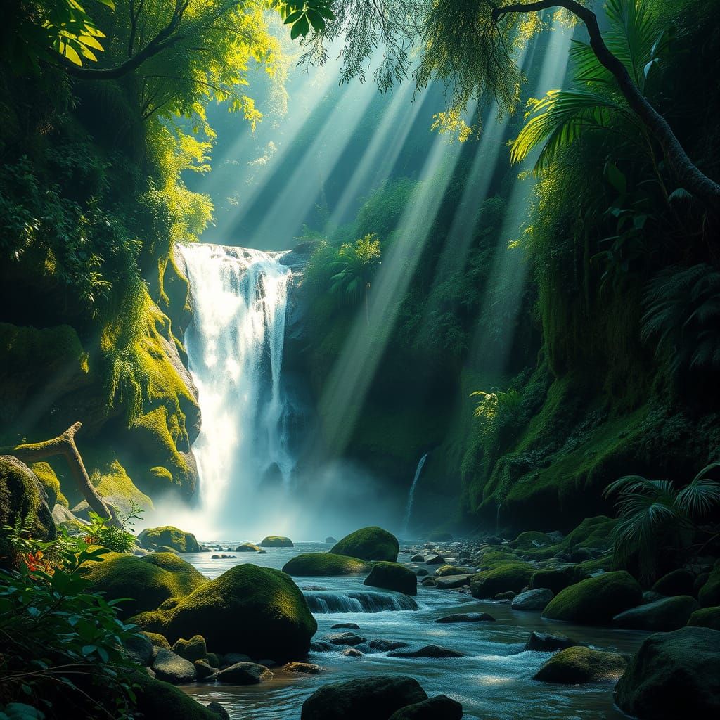 Majestic Jungle Waterfall in Vibrant, Hyper-Realistic Detail