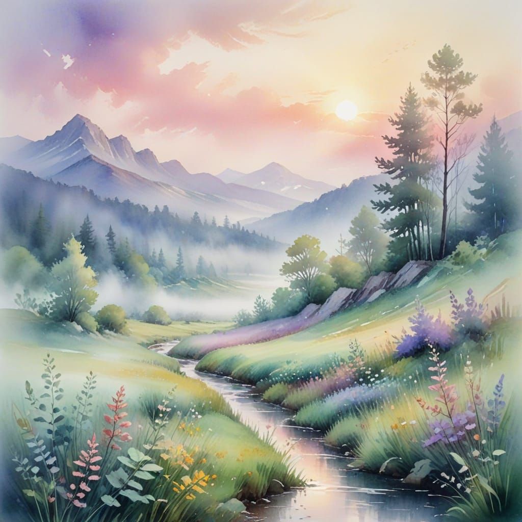 Misty Landscape in Watercolor with Pastel Colors