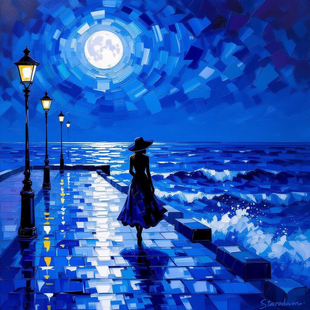Impressionist Seascape with Woman in Moonlight