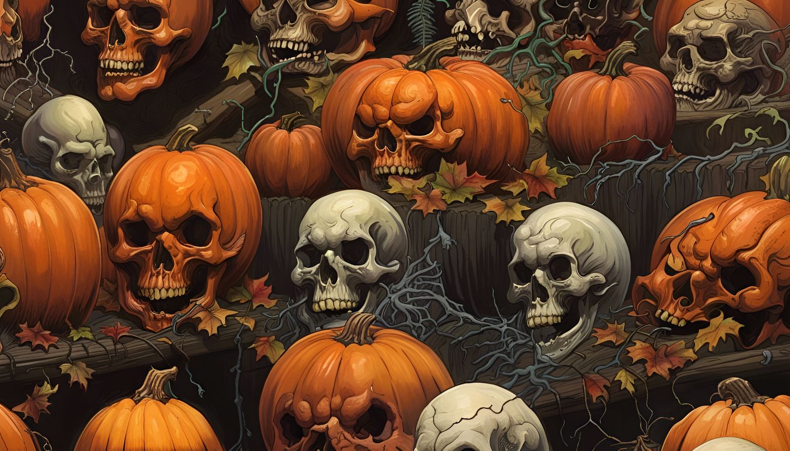 Pumpkins, Skulls, and Ghosts in Hyperrealistic Style