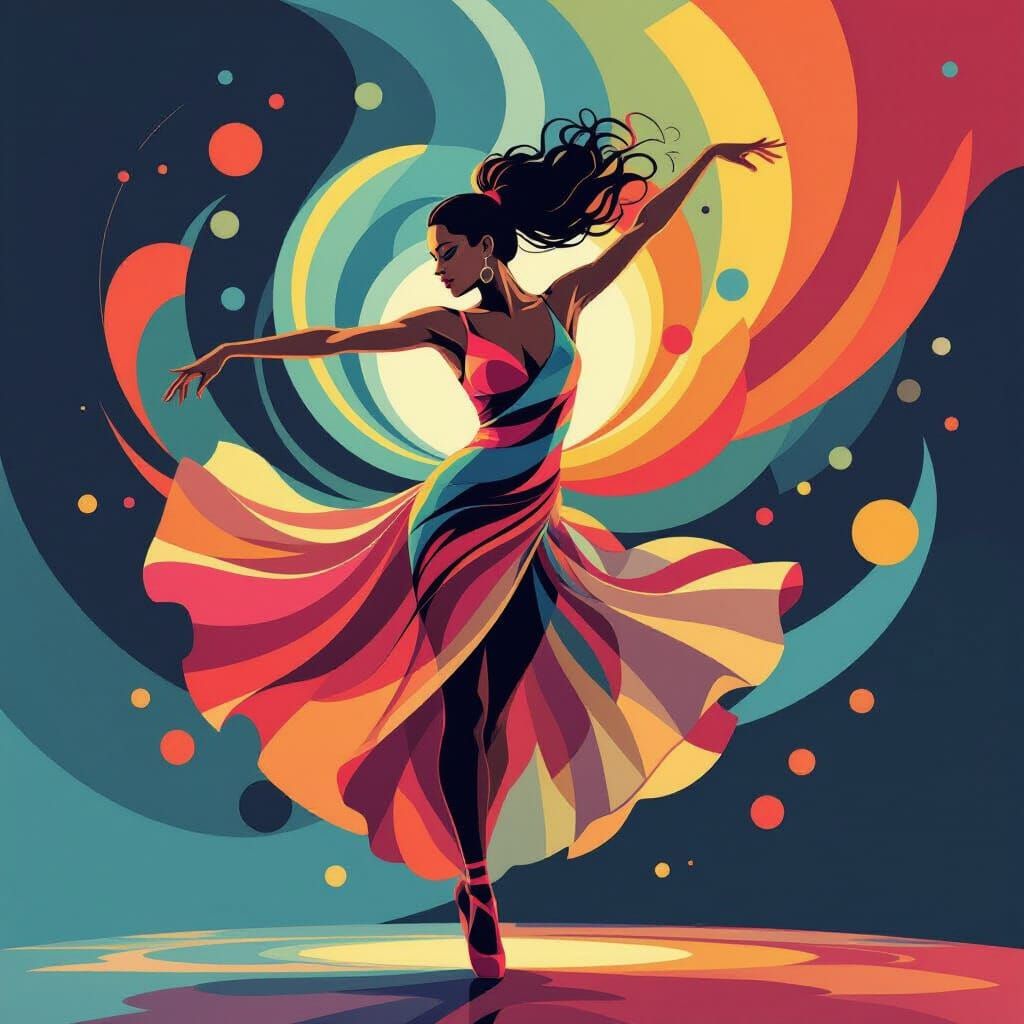 Dancer in Motion with Geometric Swirls
