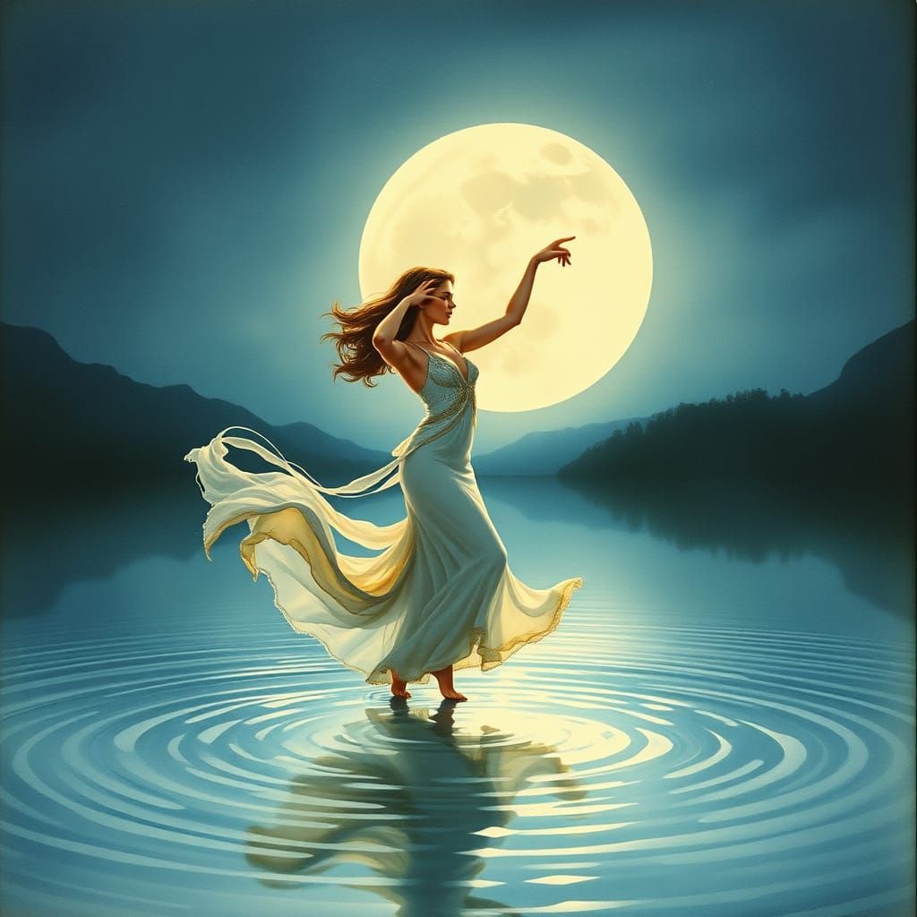 Moonlit Dancer on Serene Lake, Art Nouveau Style