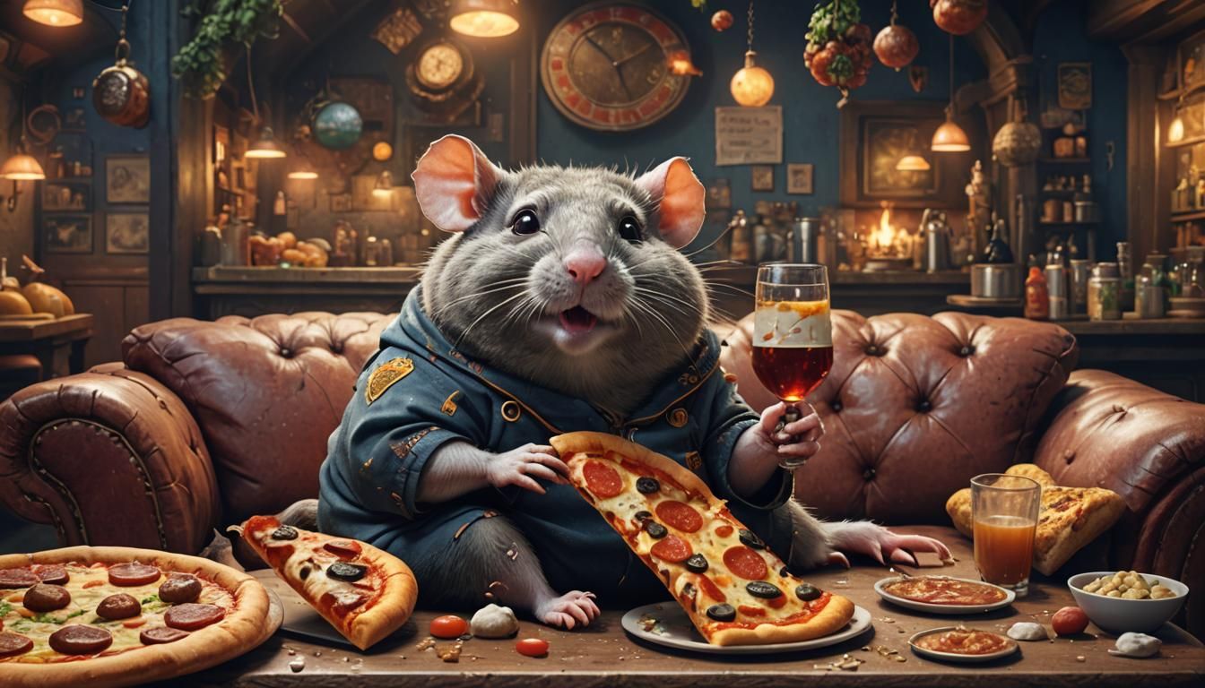 Chubby Rat Enjoys Pizza: Detailed Matte Painting