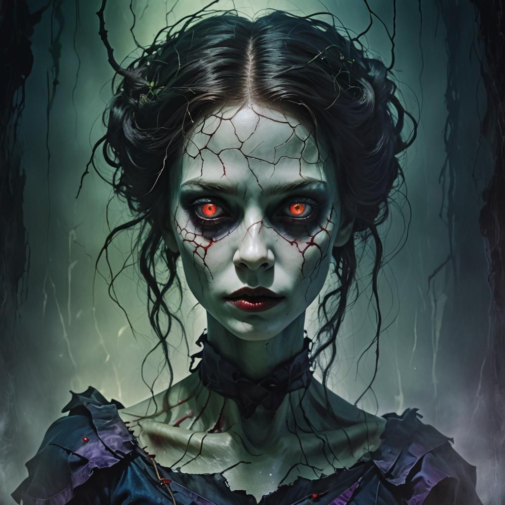 Cracked Porcelain Doll in Dark Fantasy Style