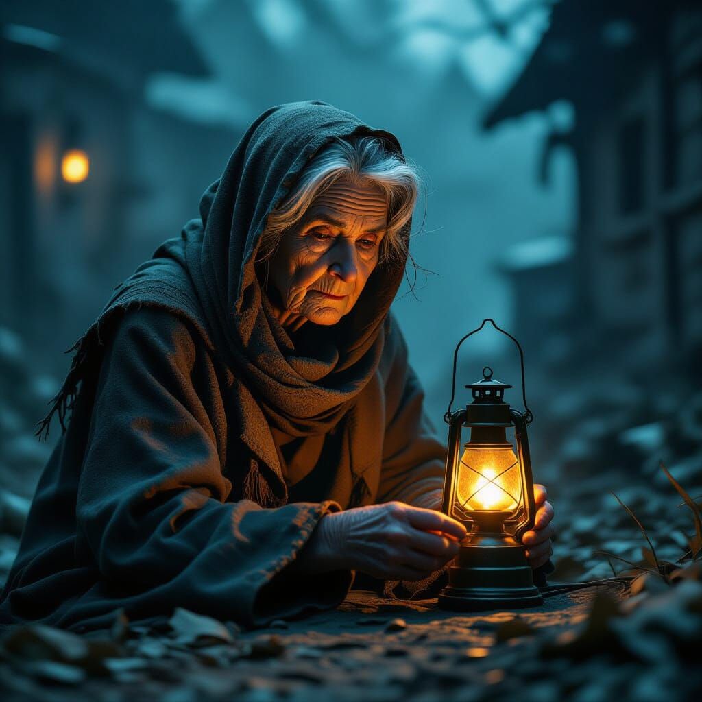 Elderly Woman Lights Oil Lamp in Dramatic Cinematic Scene
