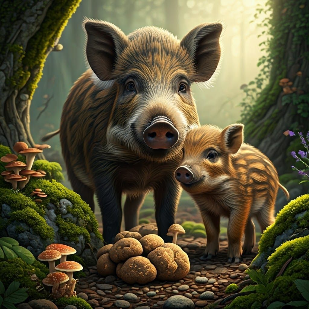Mother Wild Pig and Piglet Admire Vibrant Mushrooms in Fores...