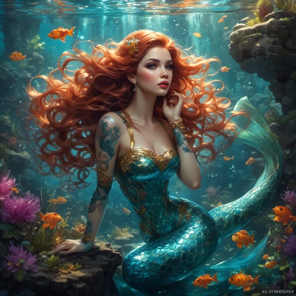 Pinup Mermaids in Aquarium, Hyperdetailed Concept Art