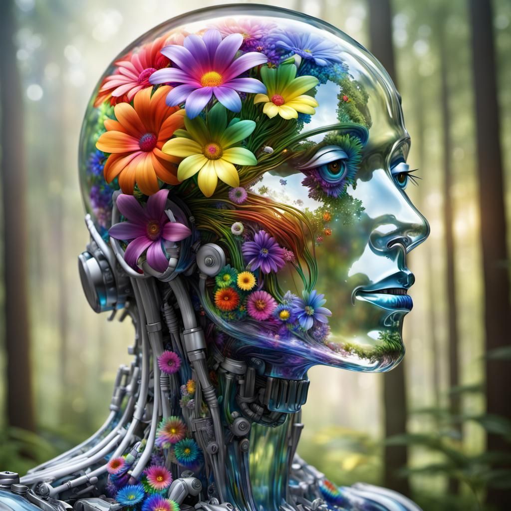 Glass Cyborg with Rainbow Flowers in a Flower Forest