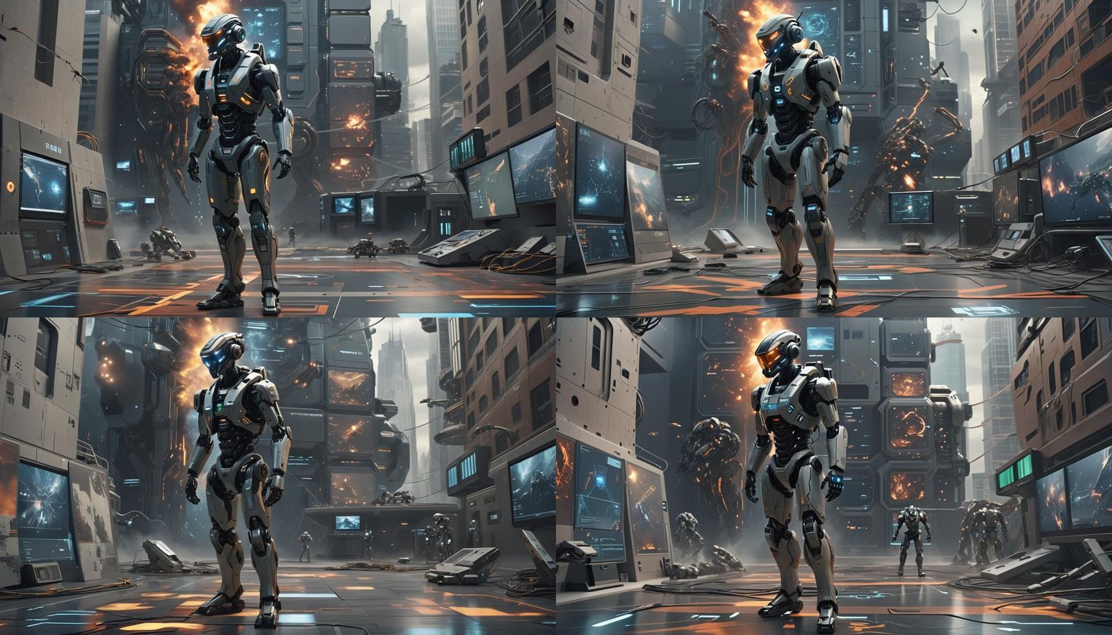 Futuristic Control Center Battle: Humans vs AI Robots